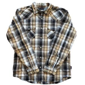 Patagonia Organic Cotton Plaid Button Front Western Shirt Black Tan Medium